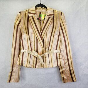 D.E.S. Jacket Women's Sz 6 Silk Linen Snap Wrap Front Striped Classic Blazer Tan
